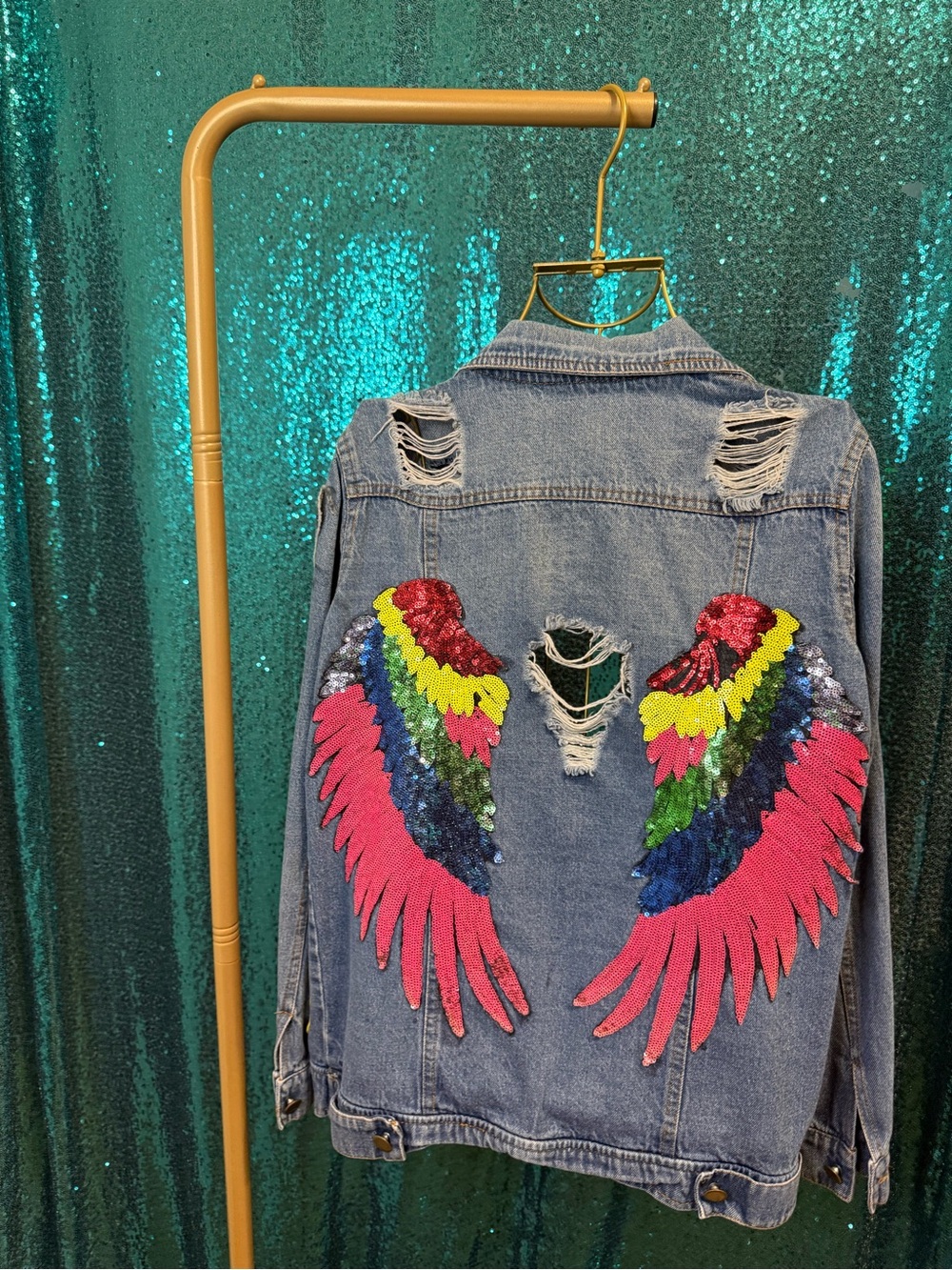 Custom Embellished Sequin Wing Denim Jacket - Multicolor